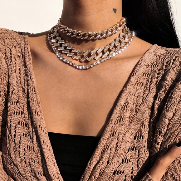 Triple Diamond Layered Necklace Set, Cuban Link Necklace, Tennis Necklace - Picture 3 of 9